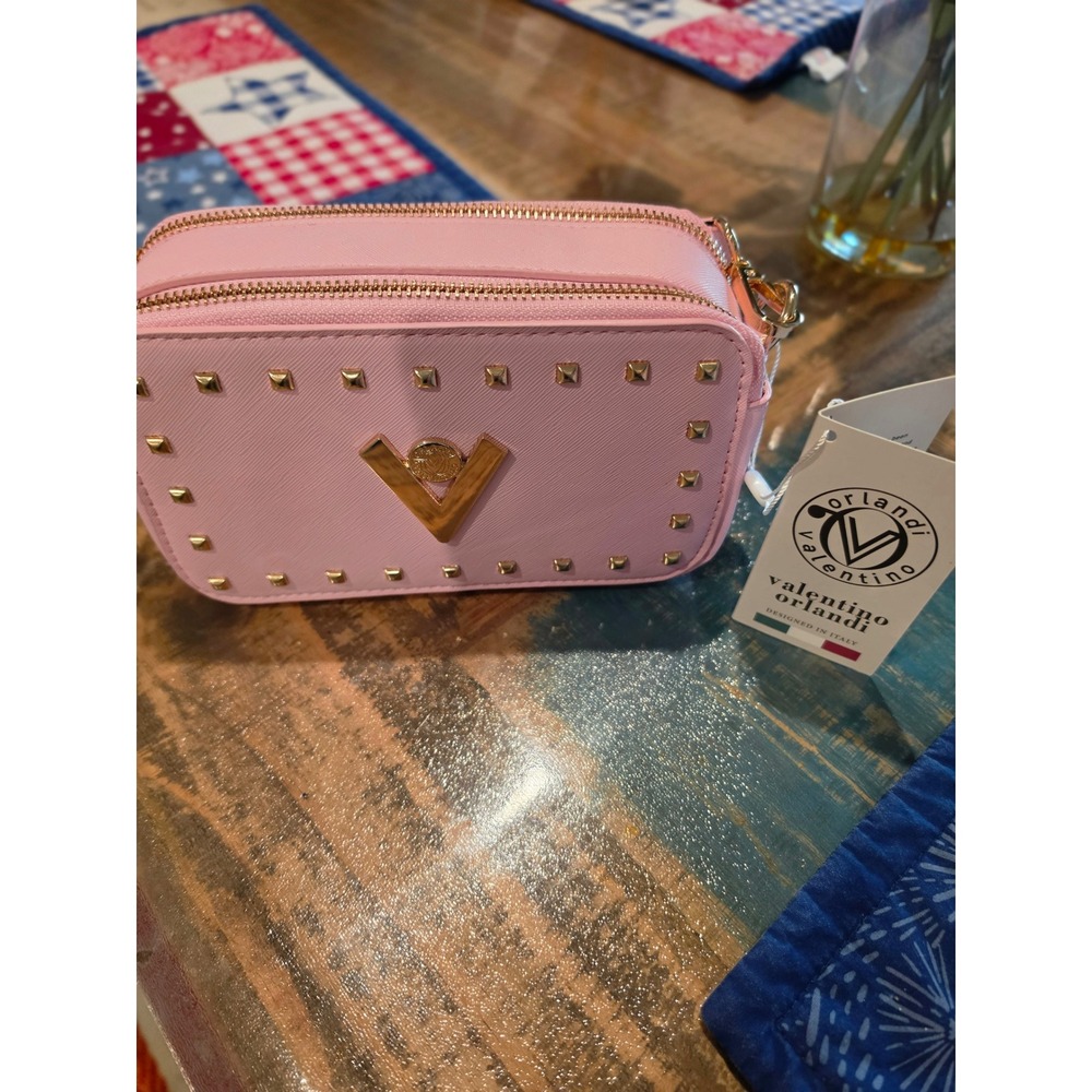 Valentino Orlandi Pink VEGAN Saffiano Studded V Logo Crossbody Camera Bag NWT